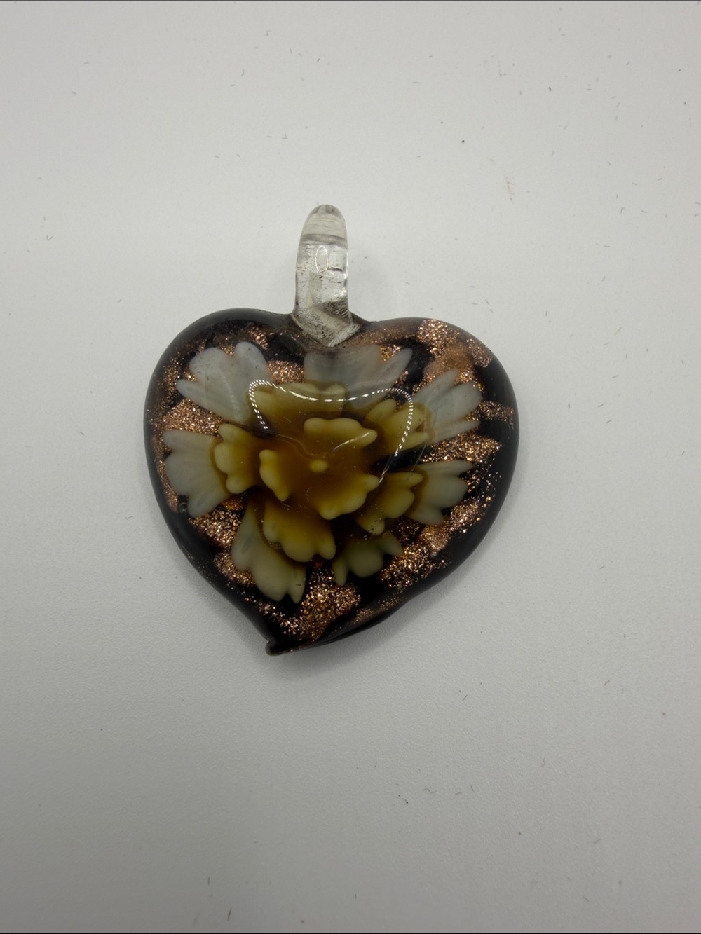 Heart Flower Glass Pendant in Gold and Black